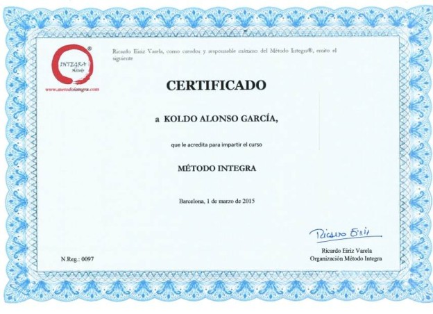 CERTIFICADO a Koldo Alonso García que le acredita para impartir el curso METODO INTEGRA Barcelona por Ricardo Eiriz Varela